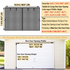 SANJINFON Garage Door Screen for 2 Car Garage 16x7 FT - Magnetic Retractable Fiberglass Mesh 16x7ft & Heavy Duty Weighted Bottom, Include Screws & Repair Patches - Easy Assembly for Patio Workshop Gym
