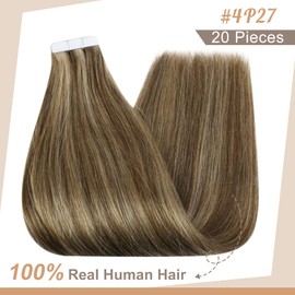 fshine Tape in Extensions Human Hair 50g 14inch Color 4 Medium Brown Highlight 27 Honey Blonde Hair Tape in Hair Extensions Double Sided Extensions 20 Pcs Seamless Tape in Extensions Skin Weft