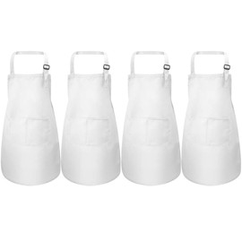 4 Pcs White Kids Aprons Set, Boys Girls Adjustable Aprons with 2 Pockets, Children Chef Apron Toddler Kitchen Garden Bib Aprons for Cooking Crafting Painting Baking (7-13 Year)