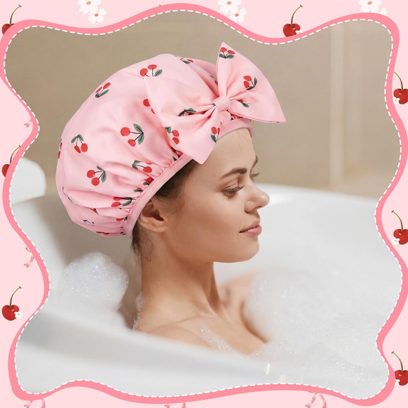 Cherry Shower Cap for Women Terry Lined Shower Cap