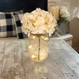 Mason Jar Lights Centerpiece Set of 3 Farmhouse Jars Vase with Champagne Hydrangea Table Decorations for Living Dining Room Kitchen Christmas Thanksgiving