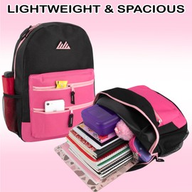 Colorful Big Backpack for School Kids, Multi Pocket Backpack for Elementary, Middle School Girls, Boys with Padded Straps (Black/Pink)
