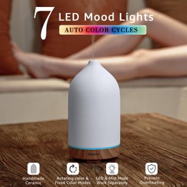 Gooamp 200ML Ceramic Essential Oil Diffuser - Ultrasonic Aromatherapy & Humidifier with 7-Color LED Lights, Auto Shut-Off, Wood Grain Base, 1H/3H/6H Timer | Scent for Home, Office, Yoga