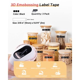3D Embossing Device Labels - 3/8 Inch (9 mm) Compatible with Phomemo, DYMO Omega, DYMO Junior, Goknu, LabelCenter, VolenGo, Embossing Device E975 Embossing Tape, 3D Plastic Labels, 3 Pack (Black)