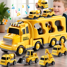 Dinosaur Planet 5 in 1 Trucks Toy for Toddlers 4-8 4-7, 1 Year Old Boy Transport Carrier with Small Cars, Construction Themed Birthday Gifts for Kids Boys Girls Aged 3 4 5 6 Indoor Outdoor
