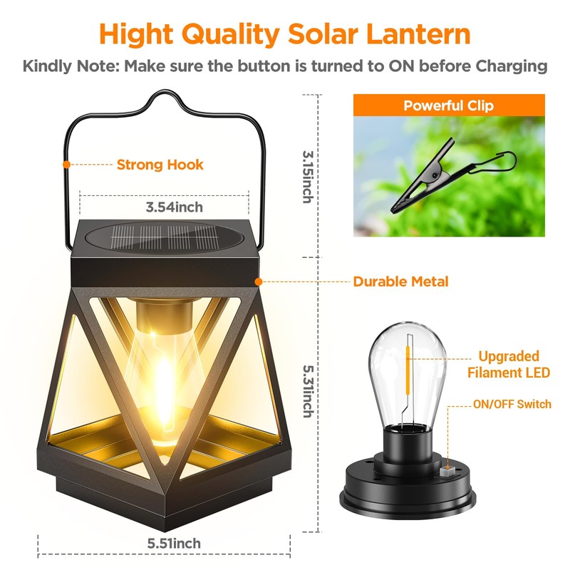 KOOPER 4 Pack Solar Lanterns Outdoor Waterproof, Upgraded Black Metal