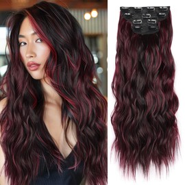 JIAMEISI Clip in Hair Extensions 4PCS Full Head Long Wavy Hair Extensions Synthetic Fiber 22 Inch 200g Clip in Thick Hairpieces for Women/Girls (#118/4 Dark Brown Mixed Burgundy)