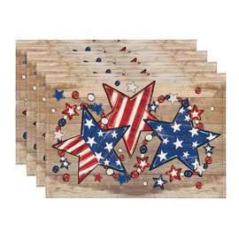 Artoid Mode Wood America Beads Stars Patriotic 4th of July Placemats Set of 4, 12x18 Inch Memorial Day Table Mats for Party Kitchen Dining Decoration