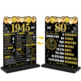 Guiruiy Black Gold 80th Birthday Decorations Gifts for Men Women, Two-Sided Vintage 80 Back in 1945 Theme Poster Wooden Table Sign with Stand, Eighty Years Old Bday Centerpieces Holder for Table Decor