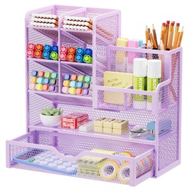Marbrasse Mesh Pen Holder for Desk, Desk Organizer with Drawer, Multi-Functional Pencil Organizer, Desk Organizers and Accessories for Office Art Supplies (Purple)