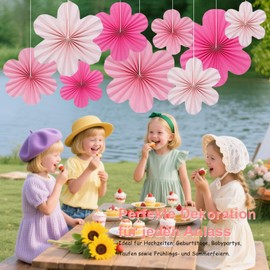 Pack of 9 Paper Flowers Decoration Hanging, Pink Paper Fan Flowers Decoration for Birthday Parties, Weddings, Tea Party & Table Decoration - Ideal for Cherry Blossom Backdrop and Room Decoration
