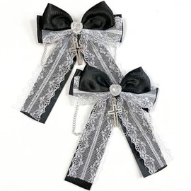 Ribbon Clip with Heart Bijou & Cross Charm, Set of 2, Black x White, Ribbon Clip, Lolita, Yume Cute, Gothic Loli, Hair Clip, Hair Pin, Hair Accessory