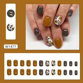 Extra Short Press on Nails Square Fall Flower Fake Nails with Designs Yellow Brown Nail Tips Autumn Flower False Nails Glue On Nails Acrylic Artificial Nails Full Cover Stick On Nails for Women 24PCS