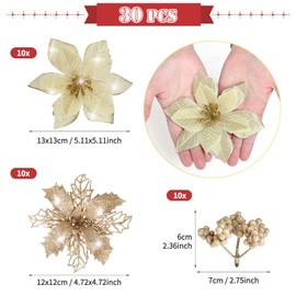 Ucouper Christmas Tree Ornament Decoration Artificial Flowers, 30-Piece Set with Clips, Handmade Christmas Wreath Materials, Christmas Ornaments, Flower Decorations, Display, Interior Decoration