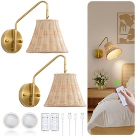 Boho Battery Operated Wall Sconce, 100% Natural Rattan Wall Sconces Set of Two Battery Operated, Adjustable Battery Wall Sconce, Remote Rechargeable Wall Sconce, Wirless Battery Sconces for Bedroom