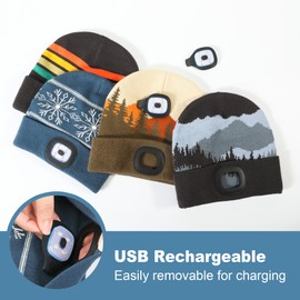 Hatlight Printed Hat with LED Light,Winter Flashlight Knitted Beanie USB Rechargeable Multiple Color Headlamp Unisex Gift for Men Women(Dark Green)