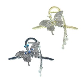 Butterfly Hair Claw Clips for Women, Rhinestone 2Pcs Large Non-Slip Strong Metal Hair Jaw Hold Clips with Tassel Crystal Hair Claws Big Butterfly Clips Pearl Hair Clips Headwear Gifts