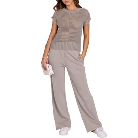 ANRABESS Women Two Piece Outfits Crochet Sheer Knit Sweater Top Wide Leg Pants Lounge Matching Sets Sweatsuit Travel Clothes light khaki X-Large