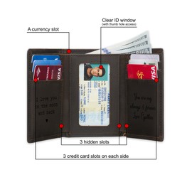Awesometik Customizable Trifold Leather Wallet RFID | Top Grain Leather Crazy Horse| Extra Capacity Credit Card Holder (Dark Brown Engraved)