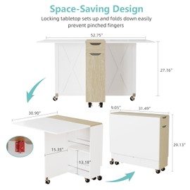 3imothrix Folding Dining Table, Versatile Foldable Kitchen Dinner Table with Drawer 2 Storage Racks and 6 Wheels, Space Saving Dining Table Collapsible Expandable Rectangle for Small Spaces