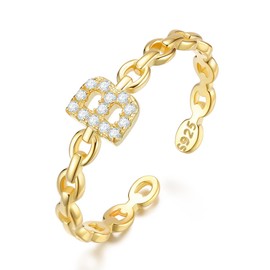 CRYSLOVE S925 Sterling Silver Adjustable Letter Rings for Women Girls 14K Gold-Plated Zircon Stackable Open Initial Alphabet A-Z Rings with Capital Letters Jewellery Gifts, Sterling silver, zirconia,