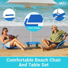 #WEJOY 2 Pack Beach Chairs and Table Set Folding Low Beach Chairs for Adults Lightweight Outdoor Chair with Carry Bag for Lawn Camping Picnic Sports Blue Chair & Table Set