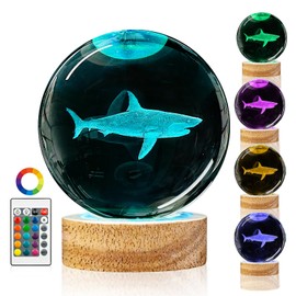 3D Shark Crystal Ball Night Light with Remote Lifelike 3.15 In Shark Sea Animal Glass Ball Lamps with 16 Color LED Wooden Base for Birthday Holiday, Cool Shark Toy Room Decor Gifts for Boys Girls Kids