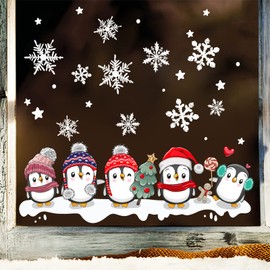 Condessacity Christmas Wall Sticker Christmas Tree Penguin Snow Window Decoration Static Sticker Cute Small Animals Window Sticker White Christmas Room Decor