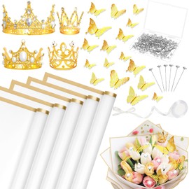 Tidponra 173Pcs Flower Wrapping Bouquet Paper Kit with 20 Sheets Waterproof Floral Wrapping Paper, 4Pcs Gold Crowns,48Pcs Butterfly and 100 Pcs Flower Pins for Flower Bouquets, White