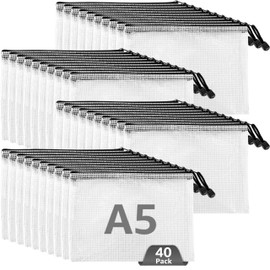 Oungy Pack of 40 Document Wallets A5 Black Document Folder A5 Zip Pockets Mesh Plastic Zip Bag A5 Document Bag for File, Paper, Documents, Cosmetics, Homework (Black)