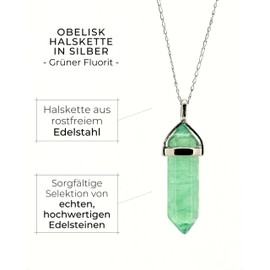 LAVISA Obelisk Gemstone Necklace, Pendant, Real Crystal Chain, Rose Quartz Amethyst, Natural Stone, 55 + 5 cm, Stainless Steel