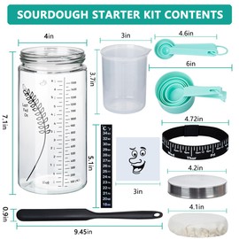 50oz Large Sourdough Starter Jar Glass Kit Wide Mouth with Silicone Spatula, Aluminum Lid, Cloth Cover, Date Marked Band, Thermometer, 10 Pcs Measuring Spoon Set, 300ml Cup