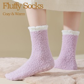 Jormatt 3 Pairs Womens Fuzzy Socks Winter Slipper Socks Non-Slip Grip Fuzzy Socks Warm Non Slip Fluffy Socks Soft Hospital Sock, Pureple A