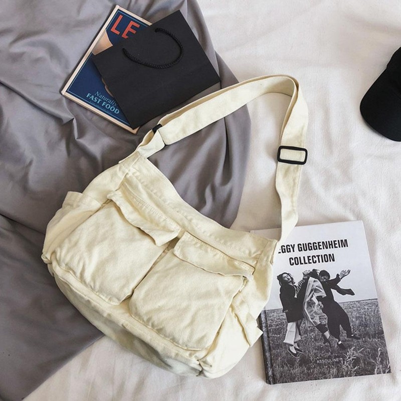 Canvas Messenger Bag Large Capacity Hobo Crossbody Bag with Multiple