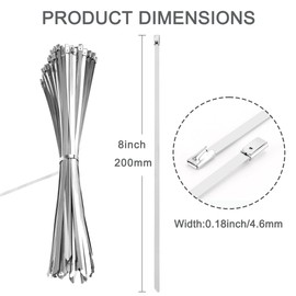 Aroono 8 Inch 304 Stainless Steel Zip Ties, 50 PCS Heavy Duty Outdoor Cable Ties, for Machinery, Vehicles, Cables, Pipes, Fence.