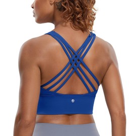CRZ YOGA Strappy Longline Sports Bras for Women - Wirefree Padded Criss Cross Yoga Cropped Tank Tops Waves Blue Large