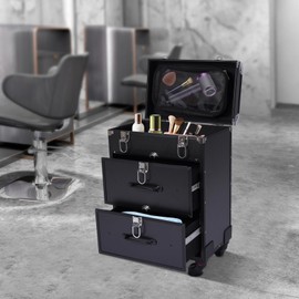 3-Tier Makeup Train Case, Rolling Lockable Beauty Salon Luggage Hairdressing Trolley Stylist w/Compartment&Drawer, Large Cosmetics Storage Organizer for On The Go Makeup/Nail Art/Hair Styling (Black)