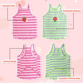 Yaopelky 2 Pieces Small Medium Dogs Summer Clothes Dog Striped Shirt Cute Flower Strawberry Embroidery Vest Pet Outfit for Chihuahua Yorkie Teddy (Pink-Green, X-Large)
