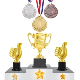 Jindizi 3PCS Mini Trophies and 3PCS Gold Silver Bronze Medals with Neck Ribbon, Winner Trophy Cups with Base for Sports Awards, Party Favors, Competition Decorations.