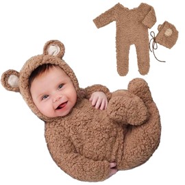 Kunyeah Baby Fleece Photo Photography Prop Outfits Infant Bear Bodysuit with Hat Newborn Photo Prop Romper for 0-3 Months (Brown)