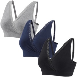 ZUMIY Nursing Bra Pregnancy Sleep Bra Top, Cotton Bra Adjustable Straps, Pregnancy Breastfeeding Bra, Black+grey+navy blue/3pack, L