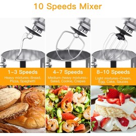 Garvee 7.5QT Stand Food Mixer, 10-Speed Tilt Head 3-IN-1 Kitchen Electric Mixer with Stainless Steel Bowl, Egg Whisk, Dough Hook, Beater, Splash Guard, Compact Dough Mixer for Home Cooks, Silver