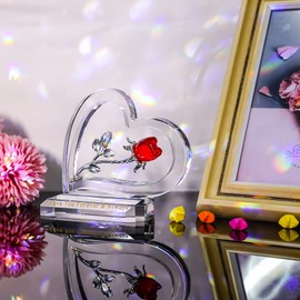 Crystal Red Rose Flower Anniversary Romantic Gifts for Women, I Love You Forever & Always Keepsake Gifts for Girlfriend, Ruby Glass Floral Ornament for Home Wedding Valentines Decor (Red)