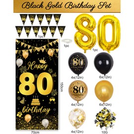 80th Birthday Decoration for Men and Women, Happy Birthday Banner Bunting Black Gold, Confetti 80th 80th Birthday, Balloons