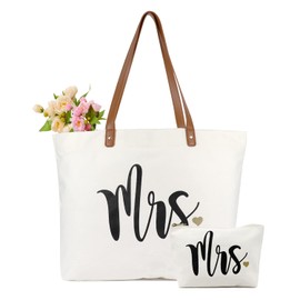 Lamyba Bride Tote Bag with Makeup Bag,Mrs Tote Bag,Bride Gifts/Bridal Shower Gifts for Bride,Canvas White