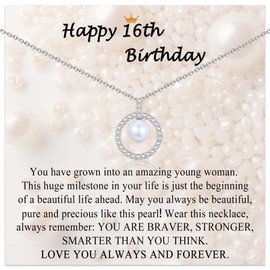 16th Birthday Gifts for Girls, Pearl Necklace Birthday Gifts for 16 Year Old Girl as 16th Birthday Decorations for Girls Daughter Granddaughter Sister Niece with Happy Birthday Card