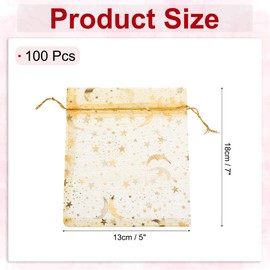 sourcing map Organza Bag 5" x 7", Sheer Moon Star Mesh Bags Drawstring Gift Bags Bulk Party Favor Bag Jewelry Pouches for Wedding Candy Valentines Wedding Festival (Gold, Pack of 100)