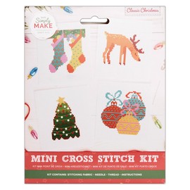 Simply MAKE Cross Stitch Kit, Classic Christmas 4 Pack, Hoop Embroidery, Thread, Fabric & Needle, Perfect For Beginners, Starter Cross Stitch Craft Kit, Great Gift, Craft Hobbyists, Festive Home Décor