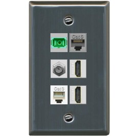 RiteAV 1 Port Fiber Optic Jack SC Simplex APC + Cat6 + Coax + 2 x HDMI + Phone Wall Plate - Flat Style [Stainless Steel]