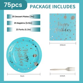 75PCS Happy Birthday Paper Plates Set, Gold Dot Paper Plates 6.5Inch Napkins 6.3 Inch Plastic Forks Tableware Set Dessert Plates Serve 25Guests for Birthday Party Decoration (Light Blue, 7IN)